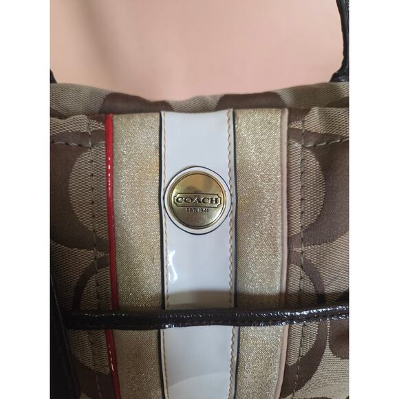 Authentic Coach Monogram Khaki and Vermillion Striped Shoulder Bag Tote Medium - Picture 7 of 13